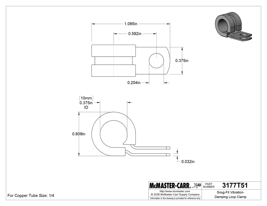 Technical Drawing of Snug-Fit Vibration-Damping Loop Clamp, 321 Stainless Steel with Neoprene Cushion, 3/8" ID.